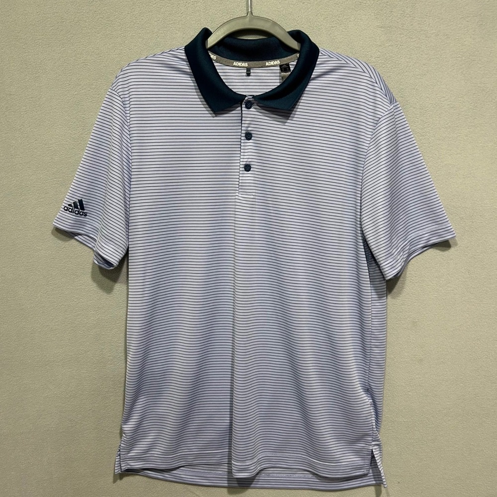 Adidas Polo Shirt Men M White Blue Striped Short Sleeve Golf Performance Top